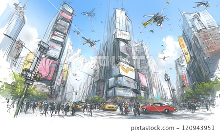 由人工智慧統治的近未來城市,無數無人機在周圍飛行。 由人工智慧統治的近未來城市,無數無人機在周圍飛行。 120943951