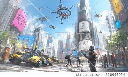 A futuristic city ruled by AI with countless drones flying around 120943954