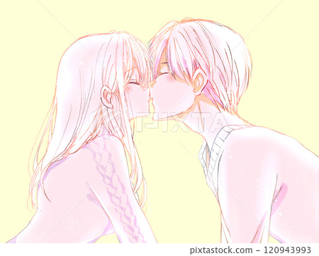 Kissing man and woman, winter, line drawing, backlit Kissing man and woman, winter, line drawing, backlit 120943993