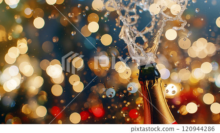 A champagne bottle popping open with bubbles and confetti, against a backdrop of golden bokeh lights, capturing the New Year celebration spirit. AI generated. 120944286