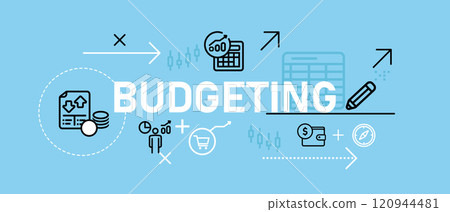 Budgeting money budget cash planning control spending financial management service web header illustration concept with icon flat bright blue color Budgeting money budget cash planning control spending financial management service web header illustration concept with icon flat bright blue color 120944481
