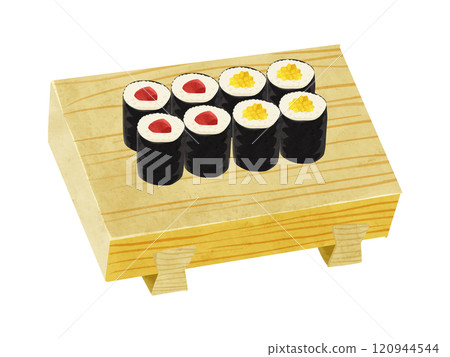 Tekkamaki and Takuan rolls served on sushi geta, watercolor-style hand-drawn illustration 120944544