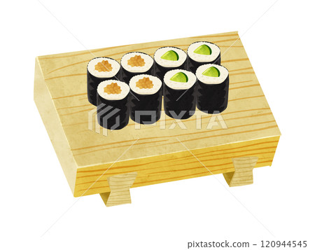 Natto rolls and kappa rolls served on sushi geta, watercolor-style hand-drawn illustration Natto rolls and kappa rolls served on sushi geta, watercolor-style hand-drawn illustration 120944545