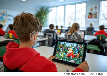Engaged students using tablets in digital classroom environment 120944680
