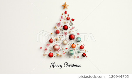 Merry Christmas tree decorated with colorful ornaments and stars 120944705