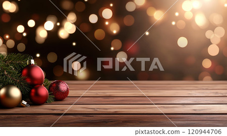 Festive Christmas ornaments and pine branches on wooden table Festive Christmas ornaments and pine branches on wooden table 120944706