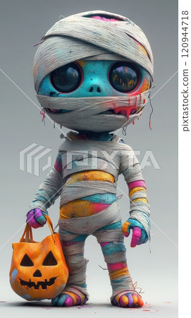 Cyberpunk mummy with colorful bandages holding a trick-or-treat bag Concept blends lowbrow pop surrealism with digital anime and 3D elements 120944718