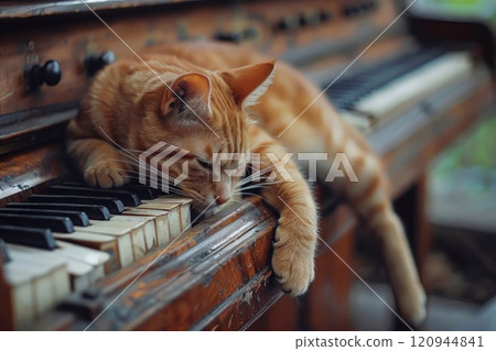 A cat is sleeping on a piano 120944841
