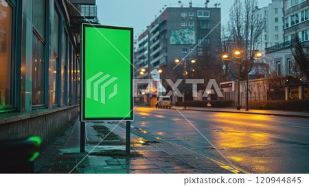 A green billboard is standing in the middle of a city street 120944845