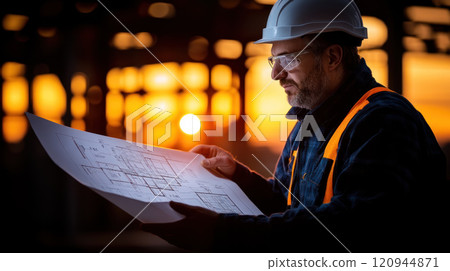 construction worker examines large blueprint at sunset, showcasing dedication and focus 120944871