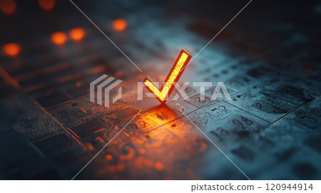A glowing checkmark stands out against textured background, symbolizing completion and success. image evokes sense of achievement and positivity. A glowing checkmark stands out against textured background, symbolizing completion and success. image evokes sense of achievement and positivity. 120944914