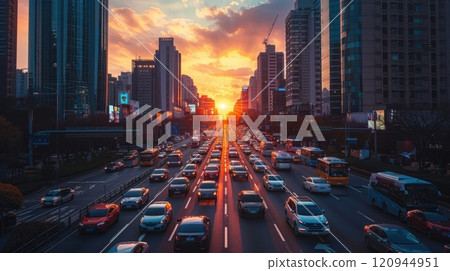 Traffic on a street in a city with tall buildings at sunset. Generative AI Traffic on a street in a city with tall buildings at sunset. Generative AI 120944951