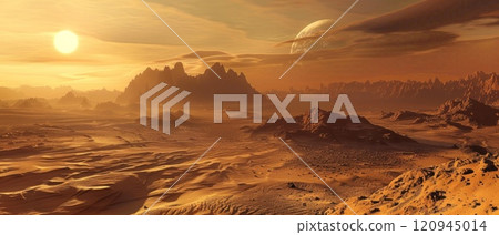 A desert landscape with a large rock in the foreground 120945014