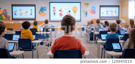 digital classroom with students engaged in learning activities 120945019