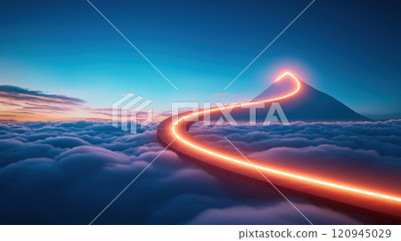 winding path leads through clouds towards glowing mountain peak winding path leads through clouds towards glowing mountain peak 120945029