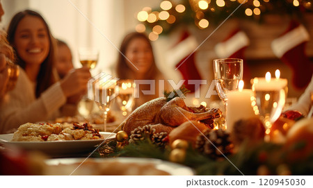 joyful family gathering around festive dinner table, celebrating Christmas Eve joyful family gathering around festive dinner table, celebrating Christmas Eve 120945030