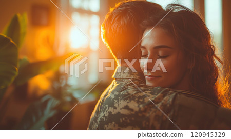 Emotional embrace between soldier and loved one during sunset 120945329