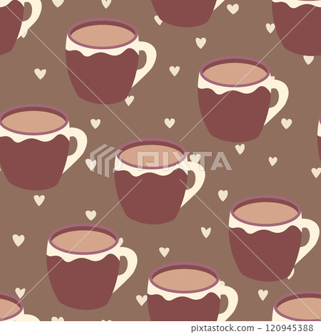 Abstract seamless pattern with color cups. Kitchen doodle background. Design for poster, fabric, textile Abstract seamless pattern with color cups. Kitchen doodle background. Design for poster, fabric, textile 120945388