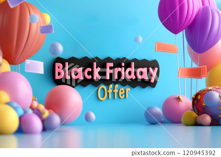 Bright and colorful Black Friday offer banner with balloons and decorations 120945392