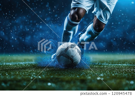 Close Up Football or Soccer Player Foot Playing With the Ball in Stadium. Generative AI 120945478