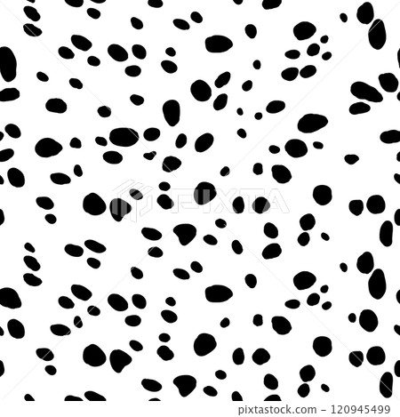 Abstract modern dalmatian fur seamless pattern. Animals trendy background. Black and white decorative vector illustration for print, card, postcard, fabric, textile. Modern ornament of stylized skin Abstract modern dalmatian fur seamless pattern. Animals trendy background. Black and white decorative vector illustration for print, card, postcard, fabric, textile. Modern ornament of stylized skin 120945499