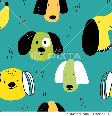 Vector seamless repeating childish pattern with cute dogs in Scandinavian style. Animals background with dog, pets, puppy for invitation, poster, card, flyer, textile, fabric Vector seamless repeating childish pattern with cute dogs in Scandinavian style. Animals background with dog, pets, puppy for invitation, poster, card, flyer, textile, fabric 120945501