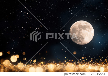 serene night scene featuring bright moon against dark sky, with shimmering lights 120945551