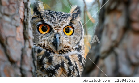 A large owl with yellow eyes is peeking out from behind a tree trunk 120945552
