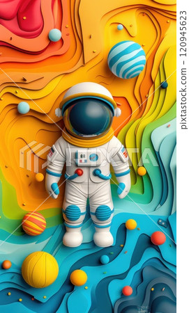 A colorful paper cutout of a man in a spacesuit standing in front of a colorful 120945623