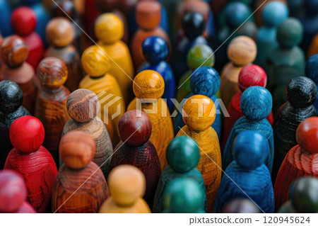 A group of wooden figurines are lined up in a rainbow order 120945624