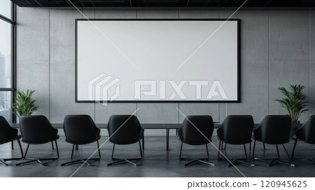 Empty conference room with black chairs, blank white screen mockup. 120945625