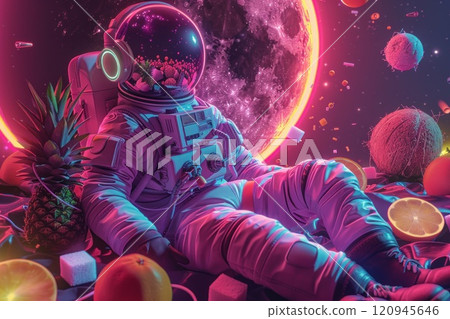 A colorful space scene with a man in a spacesuit sitting on a rock with a bunch 120945646