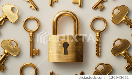 Lock surrounded by black and one golden key - Security concept.. Lock surrounded by black and one golden key - Security concept.. 120945661
