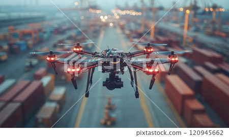 A close up of drone with spinning propellers, flying over busy shipping yard filled with containers, showcasing advanced technology and industrial activity. A close up of drone with spinning propellers, flying over busy shipping yard filled with containers, showcasing advanced technology and industrial activity. 120945662