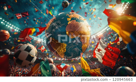 Energetic Background Showcasing Globe Surrounded by Various Sports Equipment and National Flags Concept International Sports Festival Spirit Energetic Background Showcasing Globe Surrounded by Various Sports Equipment and National Flags Concept International Sports Festival Spirit 120945663