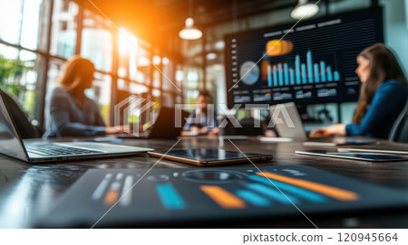 Modern office environment with collaborative workspace and technology 120945664