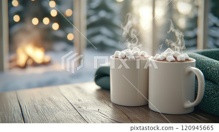 Warm mugs of hot chocolate with marshmallows create cozy atmosphere 120945665
