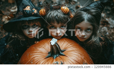 Three young girls are posing for a picture with a pumpkin Three young girls are posing for a picture with a pumpkin 120945666