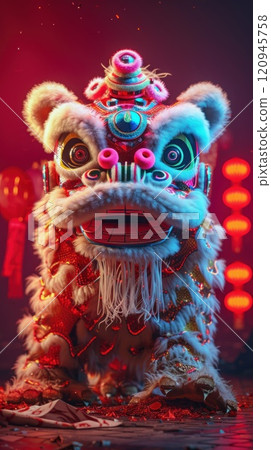 Lion dance costume performing in China, Lunar new year celebration. Generative AI 120945758