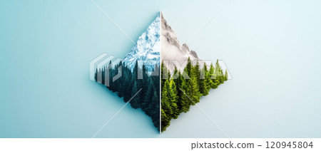 stunning mountain peak split into two contrasting landscapes, showcasing natures beauty stunning mountain peak split into two contrasting landscapes, showcasing natures beauty 120945804
