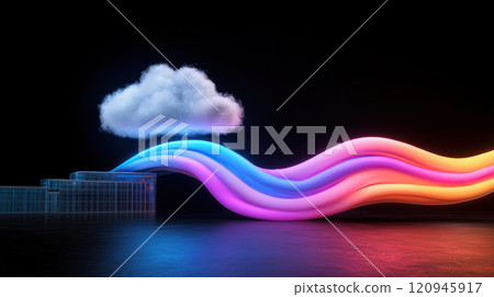vibrant cloud flows data streams from modern business building, symbolizing connectivity 120945917