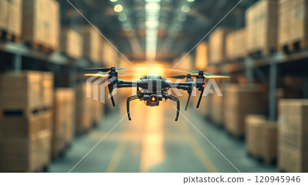 A drone hovering in warehouse, showcasing its spinning propellers and advanced technology. warm light in background adds dynamic feel to scene. 120945946