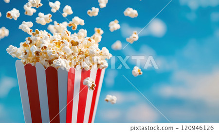 Fresh popcorn spilling from red and white striped container against blue sky 120946126