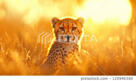 Majestic cheetah in golden grass, illuminated by sunset glow, exuding grace and power Majestic cheetah in golden grass, illuminated by sunset glow, exuding grace and power 120946380