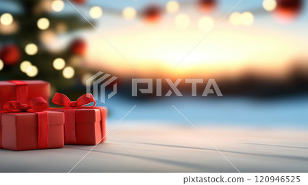 Festive red gift boxes with bows, creating joyful holiday atmosphere 120946525