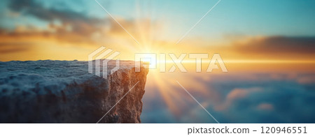stunning cliff edge at dawn, capturing sun radiant glow 120946551