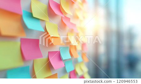 Colorful sticky notes create vibrant workspace atmosphere filled with creativity 120946553