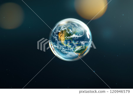 clear droplet suspended in space reflects Earth vibrant colors and features, creating mesmerizing view of our planet 120946579