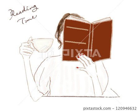 Illustration of a woman drinking coffee and reading 120946632
