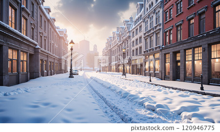 In the city with old buildings, in winter, covered with snow. Winter background. 120946775